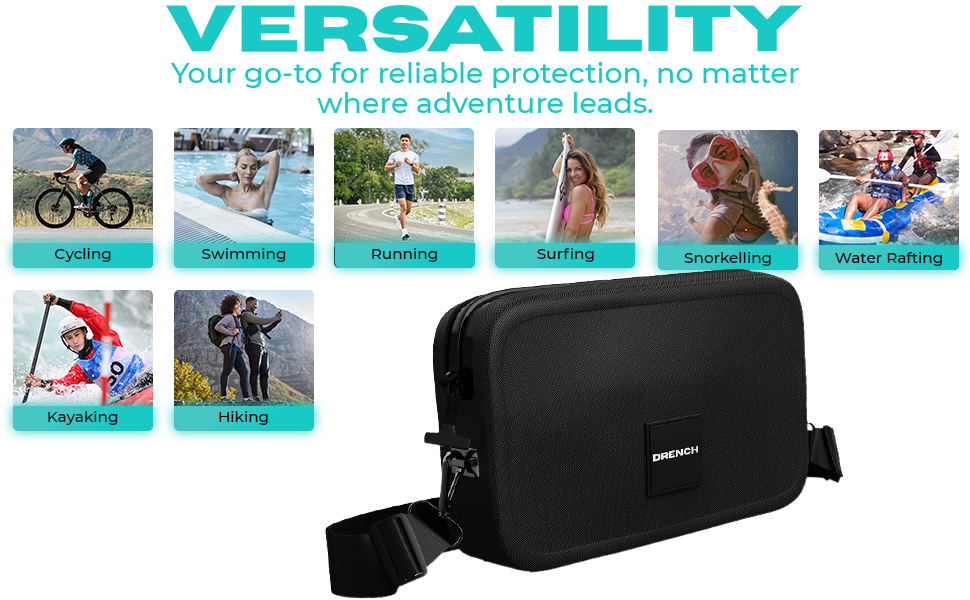A versatile waterproof bag displayed with icons representing various outdoor activities: cycling, swimming, running, surfing, snorkeling, kayaking, and hiking.